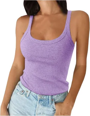 Womens Athletic Scoop Neck Tank Top Going Out Workout Cami Sleeveless Anime Shirts Solid Gym Slim Fit Spring Trendy
