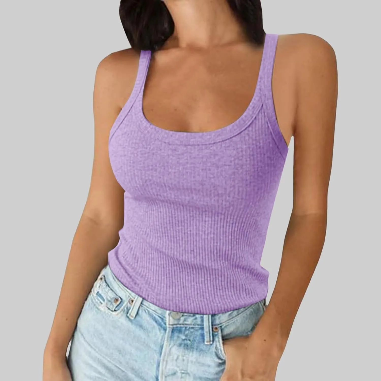 Womens Athletic Scoop Neck Tank Top Going Out Workout Cami Sleeveless Anime Shirts Solid Gym Slim Fit Spring Trendy