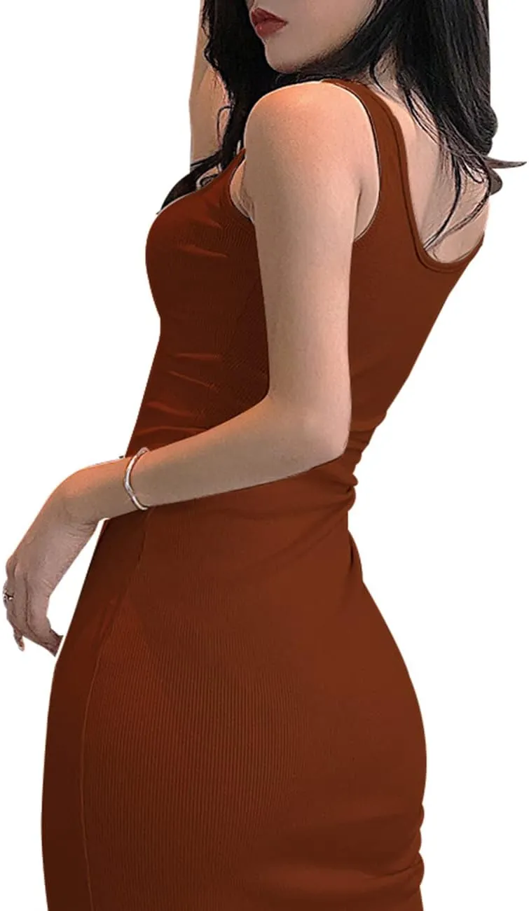 Women's Basic Ribbed Sundress Stretchy Bodycon Casual Midi Tank Dress