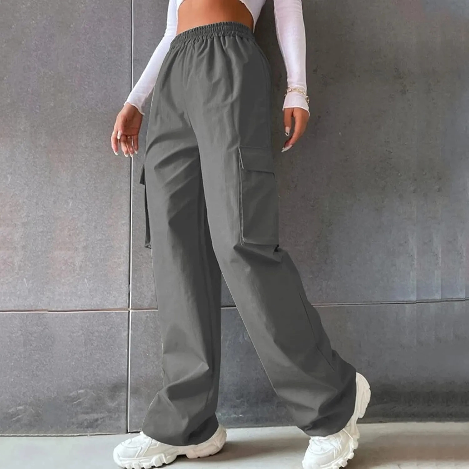 Women's Belt Less High Waisted Wide Leg Trousers Straight Leg Relaxed Style Casual Trousers Velour