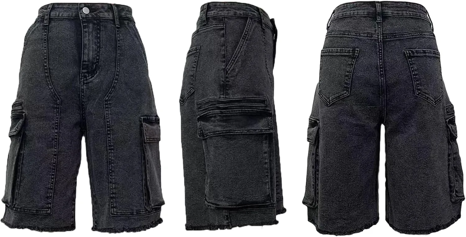 Womens Bermuda Cargo Jean Shorts High Waisted Pockets Ripped Raw Hem Street Denim Shorts