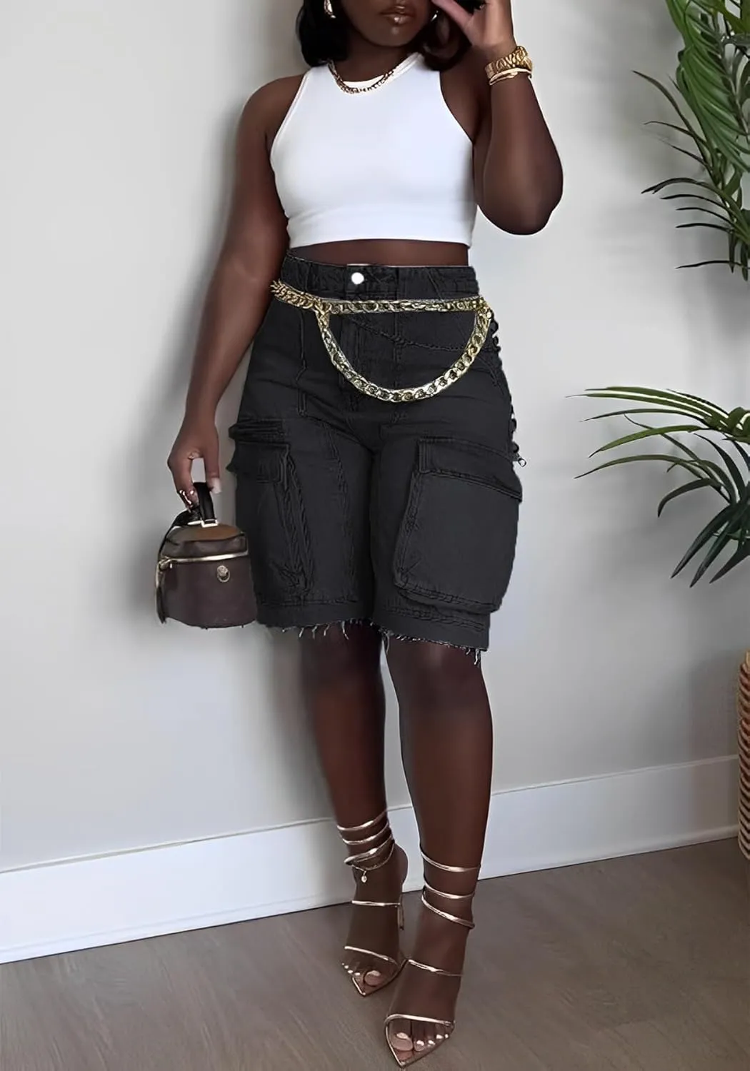Womens Bermuda Cargo Jean Shorts High Waisted Pockets Ripped Raw Hem Street Denim Shorts