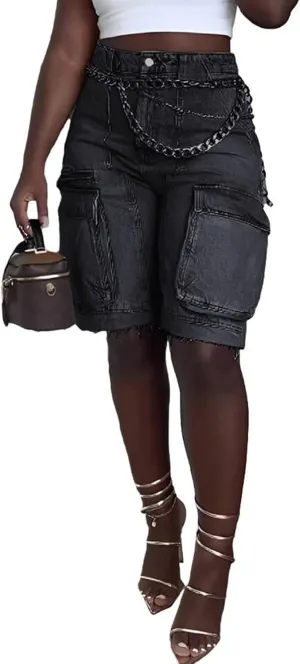Womens Bermuda Cargo Jean Shorts High Waisted Pockets Ripped Raw Hem Street Denim Shorts