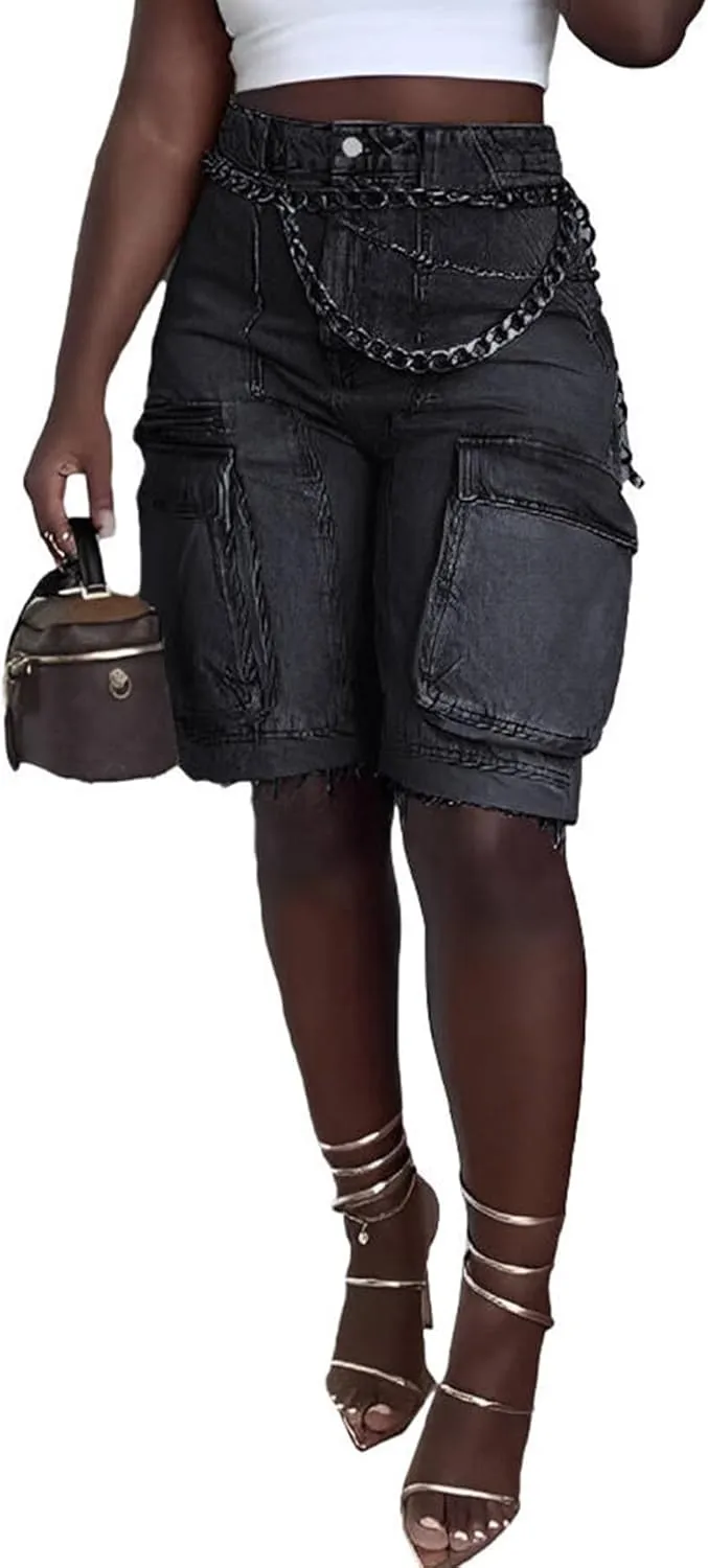 Womens Bermuda Cargo Jean Shorts High Waisted Pockets Ripped Raw Hem Street Denim Shorts