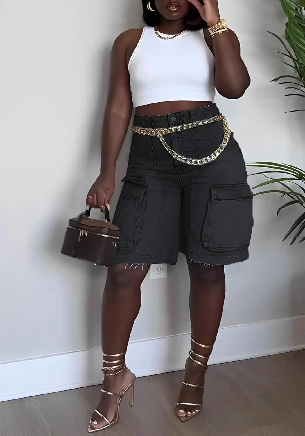 Womens Bermuda Cargo Jean Shorts High Waisted Pockets Ripped Raw Hem Street Denim Shorts