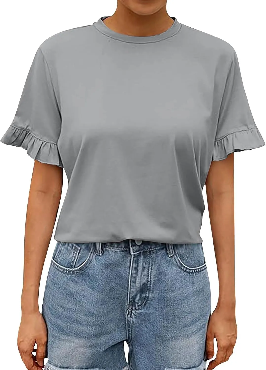 Womens Casual Cute Tops Ruffle Short Sleeve T Shirts Dressy Blouses Summer Spring Outfits Trendy Clothes