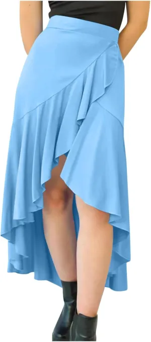 Women's Casual High Waisted Flowy Maxi Skirts Trendy Dressy High Slit Front Irregular Hem Pleated Long Skirts