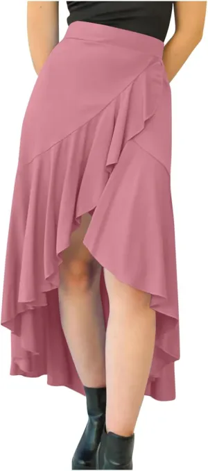 Women's Casual High Waisted Flowy Maxi Skirts Trendy Dressy High Slit Front Irregular Hem Pleated Long Skirts