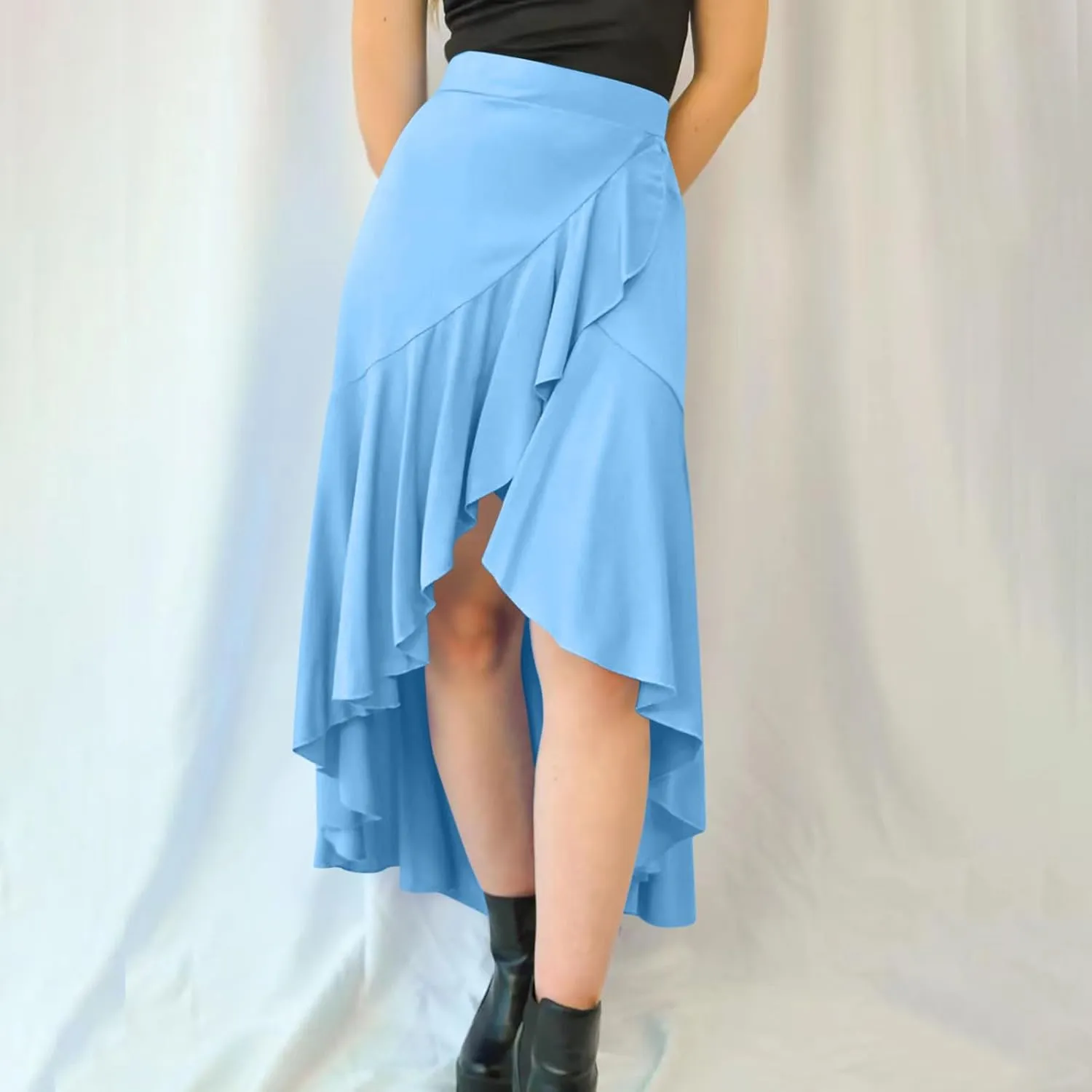 Women's Casual High Waisted Flowy Maxi Skirts Trendy Dressy High Slit Front Irregular Hem Pleated Long Skirts