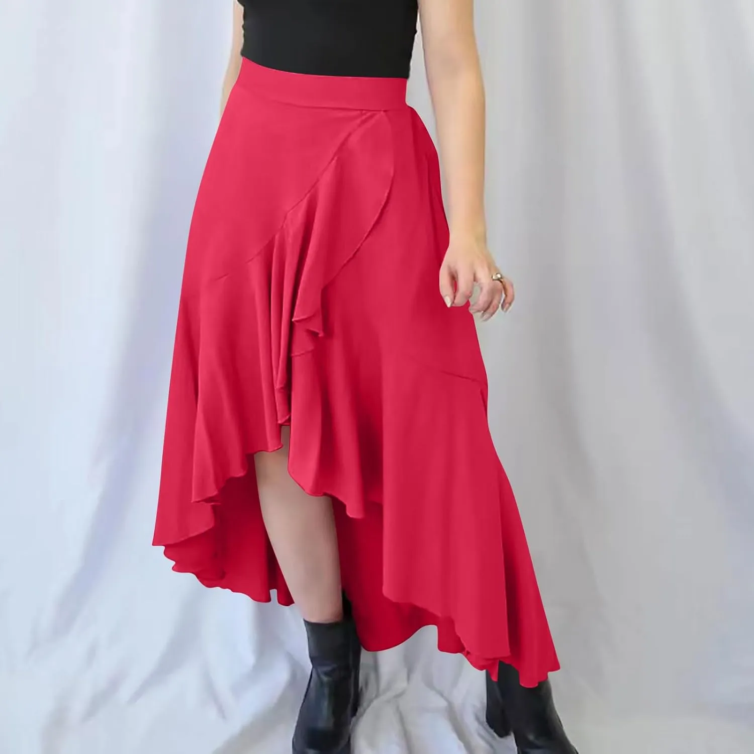 Women's Casual High Waisted Flowy Maxi Skirts Trendy Dressy High Slit Front Irregular Hem Pleated Long Skirts