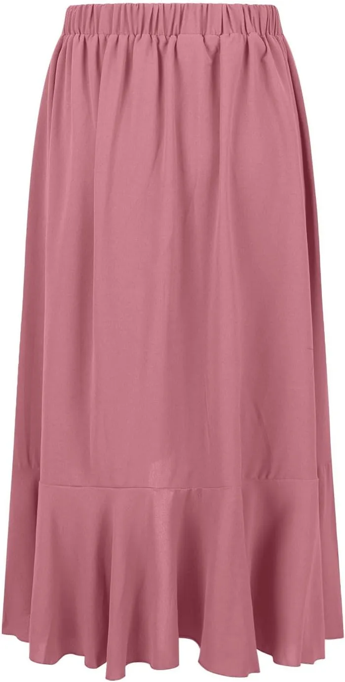 Women's Casual High Waisted Flowy Maxi Skirts Trendy Dressy High Slit Front Irregular Hem Pleated Long Skirts
