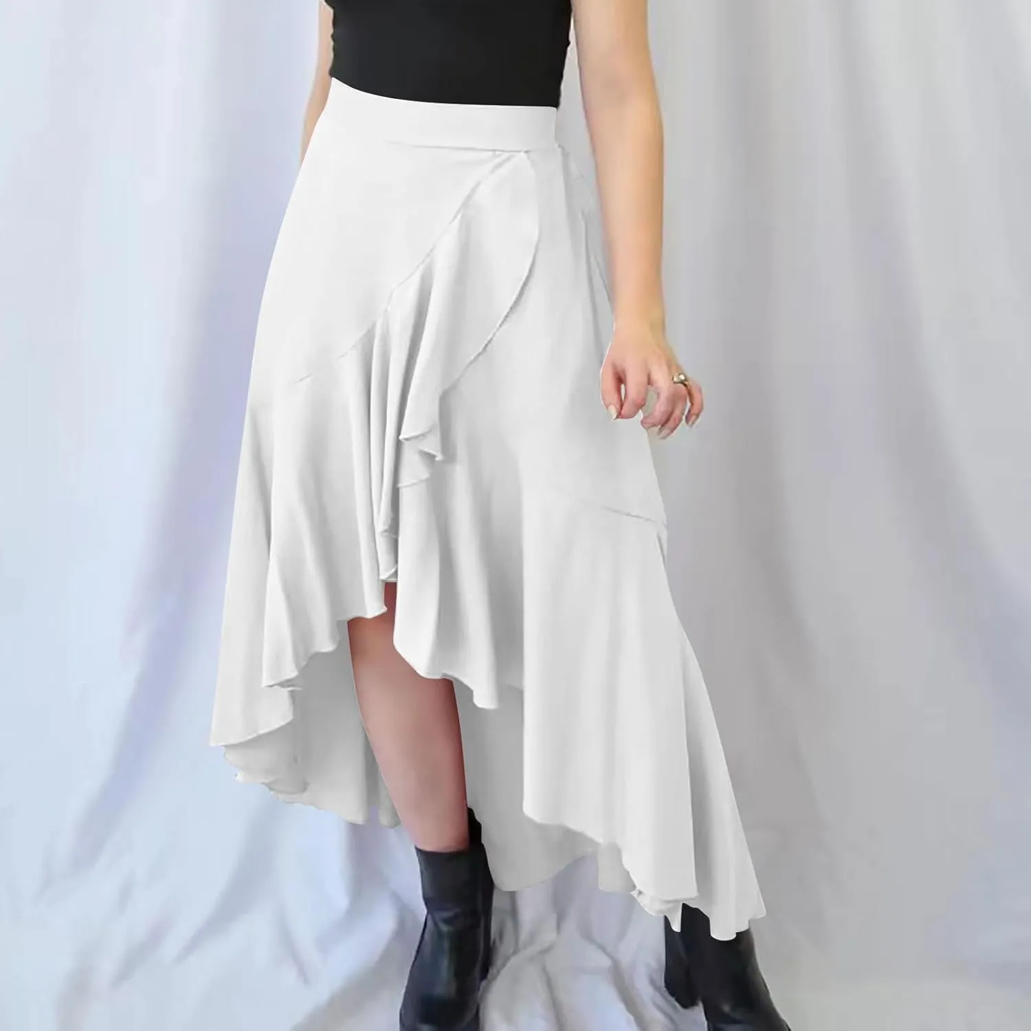 Women's Casual High Waisted Flowy Maxi Skirts Trendy Dressy High Slit Front Irregular Hem Pleated Long Skirts