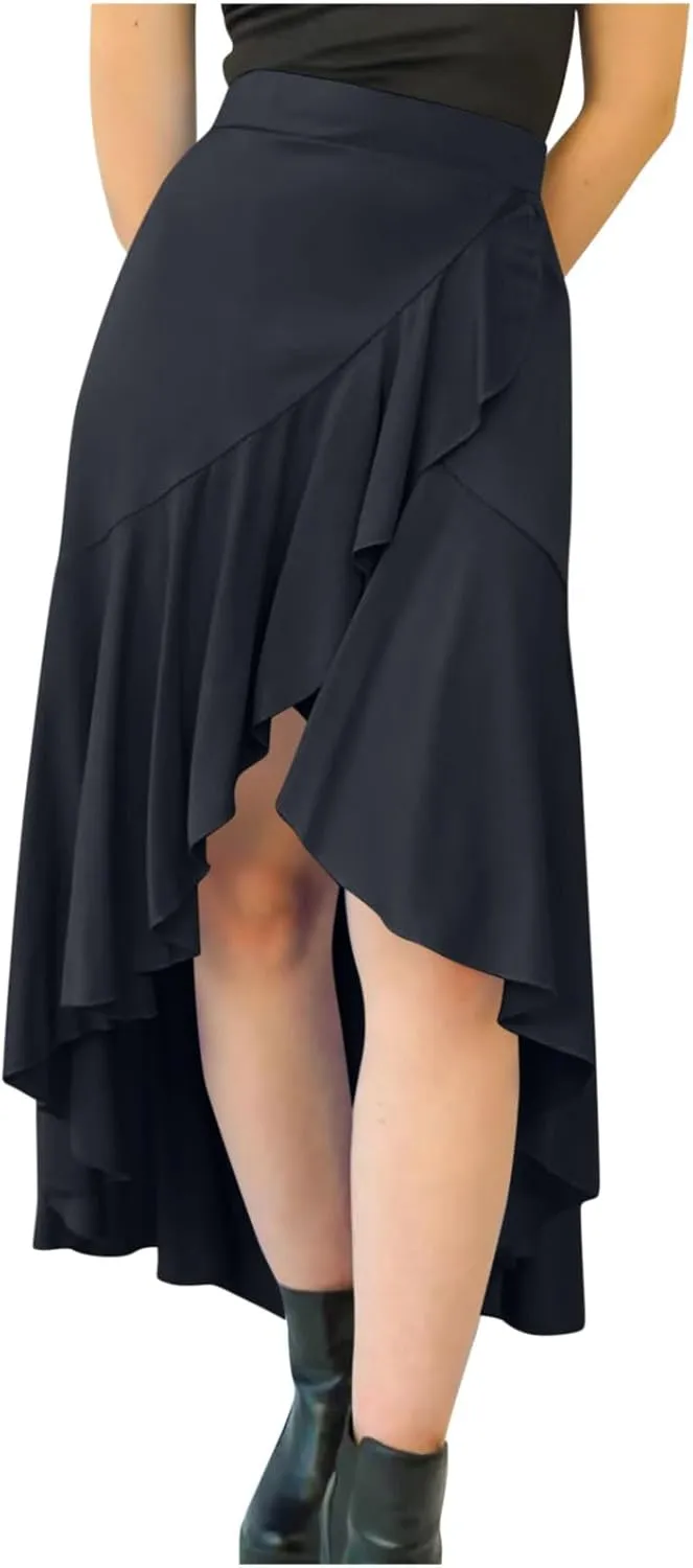 Women's Casual High Waisted Flowy Maxi Skirts Trendy Dressy High Slit Front Irregular Hem Pleated Long Skirts