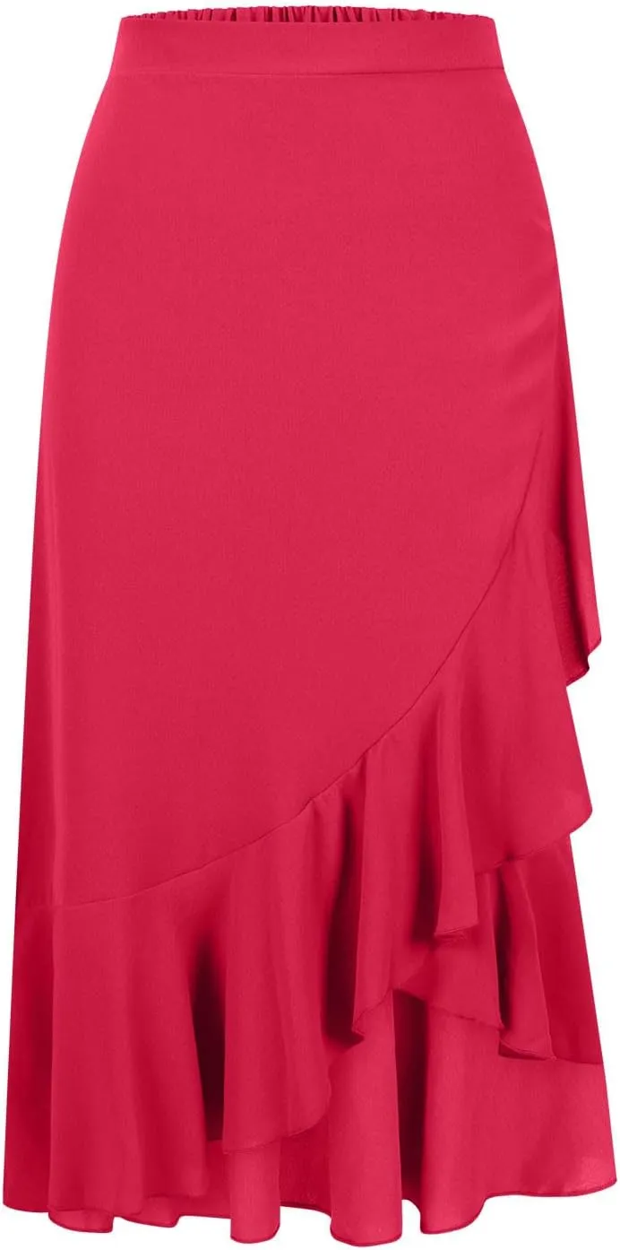 Women's Casual High Waisted Flowy Maxi Skirts Trendy Dressy High Slit Front Irregular Hem Pleated Long Skirts