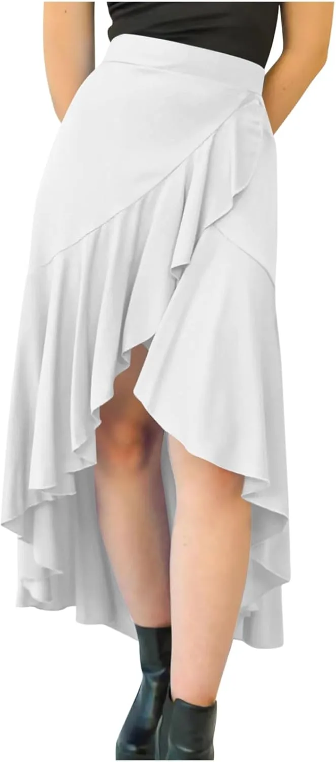 Women's Casual High Waisted Flowy Maxi Skirts Trendy Dressy High Slit Front Irregular Hem Pleated Long Skirts