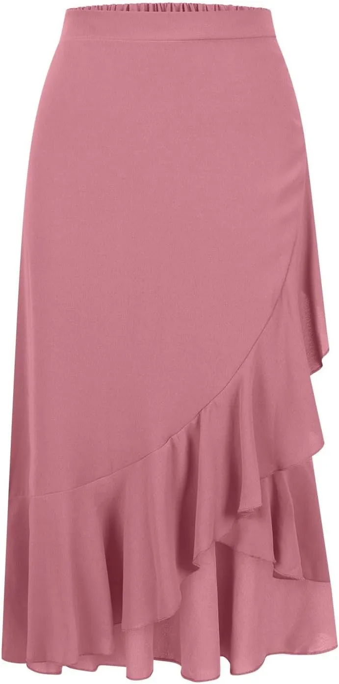 Women's Casual High Waisted Flowy Maxi Skirts Trendy Dressy High Slit Front Irregular Hem Pleated Long Skirts