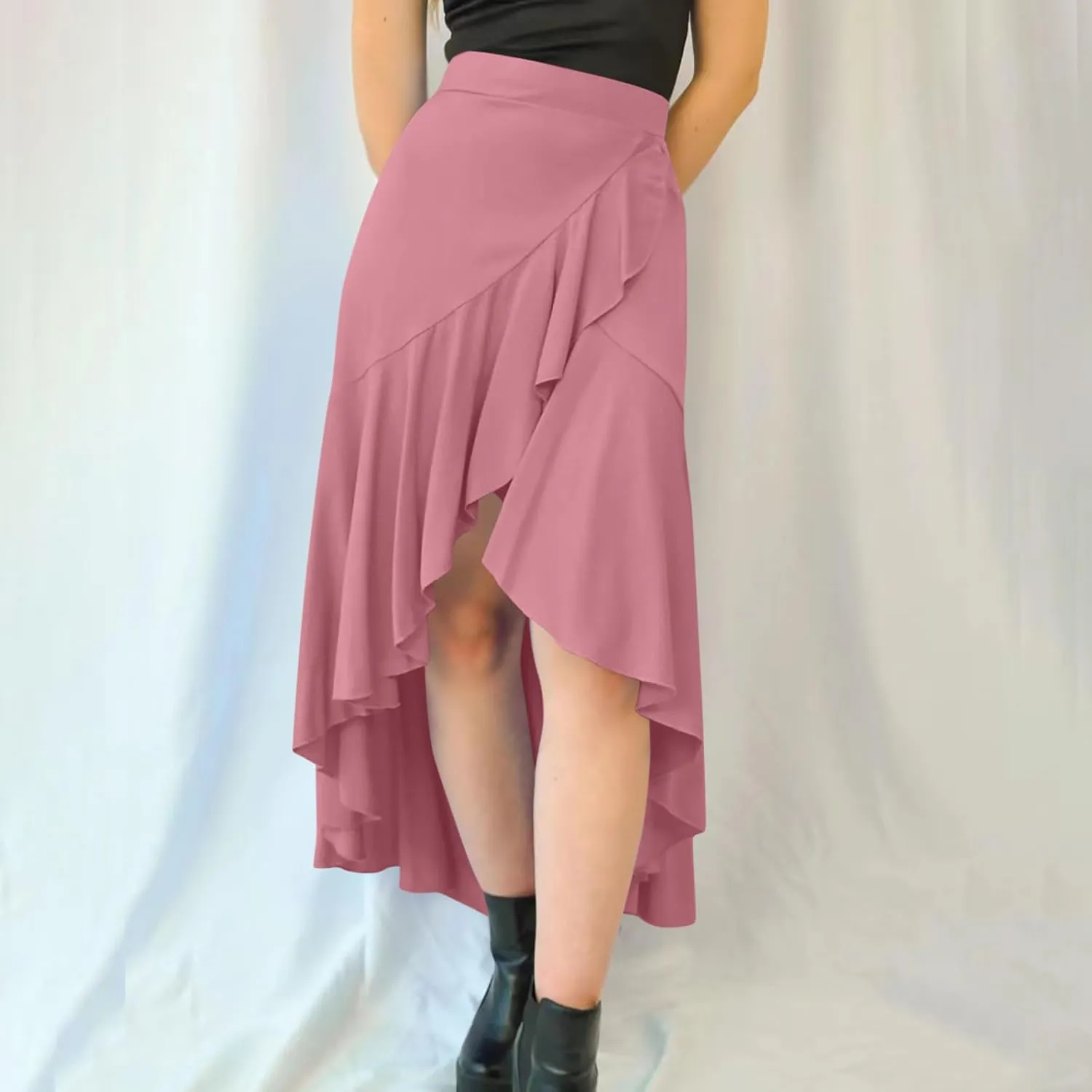 Women's Casual High Waisted Flowy Maxi Skirts Trendy Dressy High Slit Front Irregular Hem Pleated Long Skirts