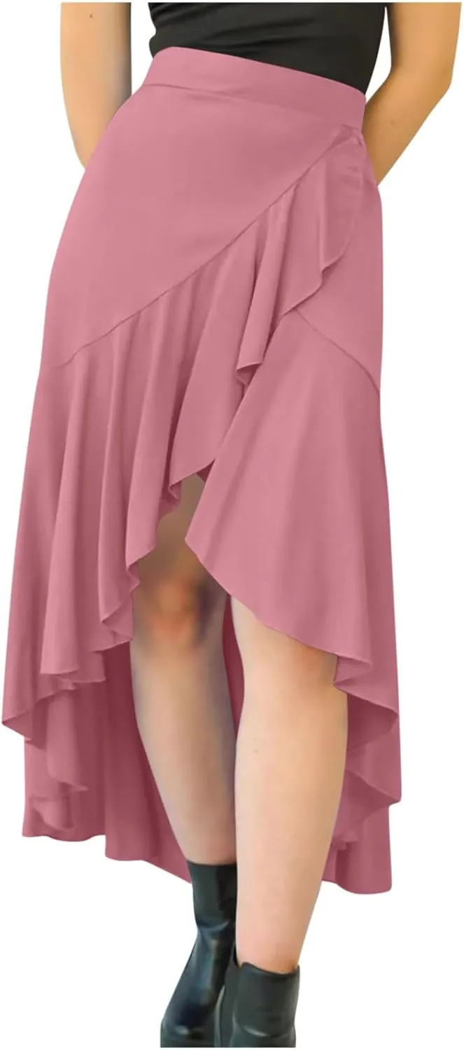 Women's Casual High Waisted Flowy Maxi Skirts Trendy Dressy High Slit Front Irregular Hem Pleated Long Skirts