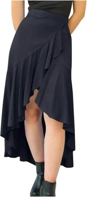 Women's Casual High Waisted Flowy Maxi Skirts Trendy Dressy High Slit Front Irregular Hem Pleated Long Skirts
