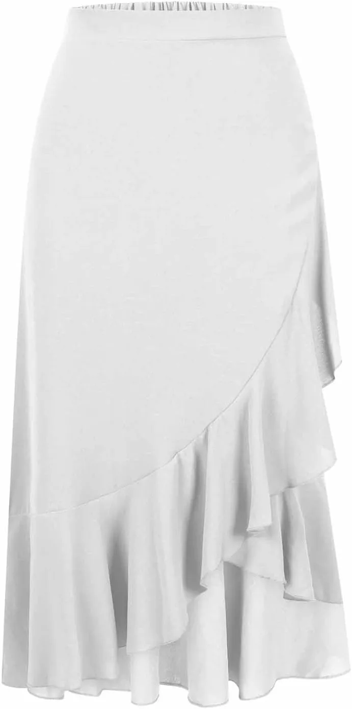 Women's Casual High Waisted Flowy Maxi Skirts Trendy Dressy High Slit Front Irregular Hem Pleated Long Skirts