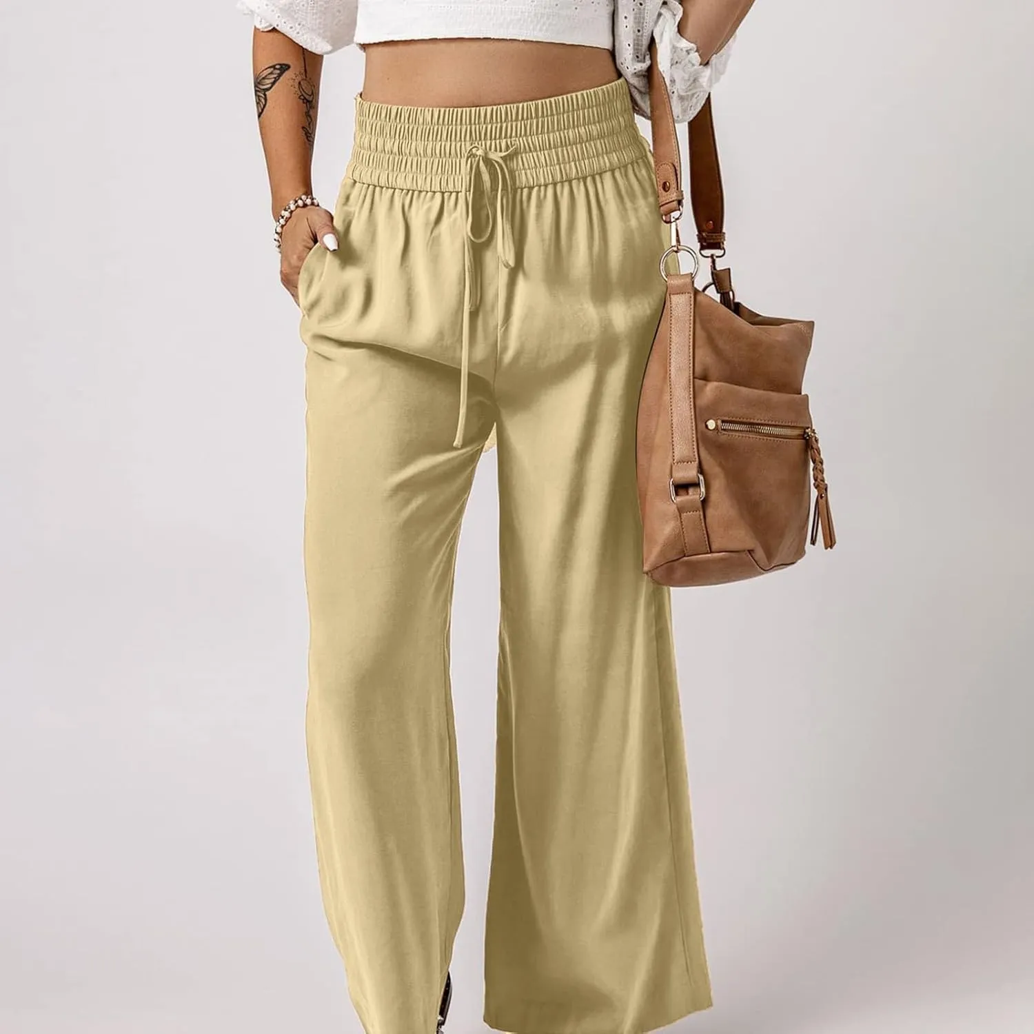 Womens Casual High Waisted Pants Drawstring Elastic Smocked Waist Straight Leg Loose Lounge Trousers Summer Hiking Sweatpants