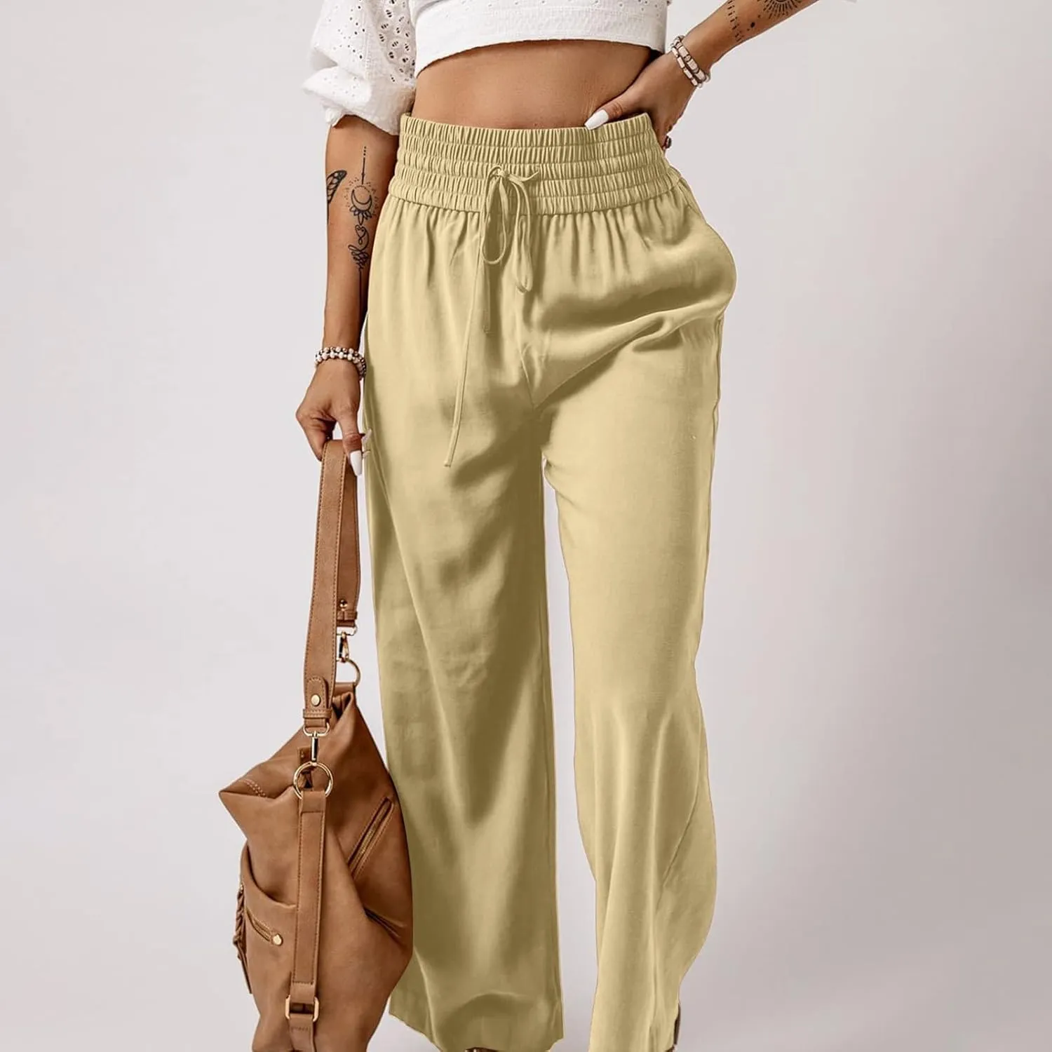 Womens Casual High Waisted Pants Drawstring Elastic Smocked Waist Straight Leg Loose Lounge Trousers Summer Hiking Sweatpants
