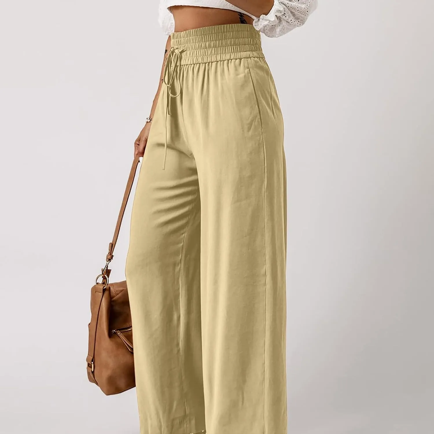 Womens Casual High Waisted Pants Drawstring Elastic Smocked Waist Straight Leg Loose Lounge Trousers Summer Hiking Sweatpants