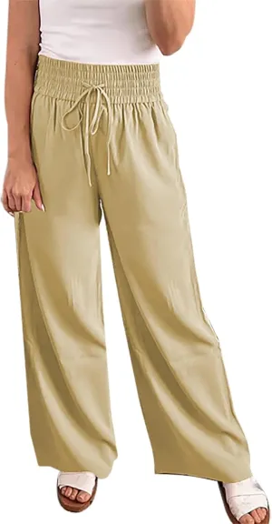 Womens Casual High Waisted Pants Drawstring Elastic Smocked Waist Straight Leg Loose Lounge Trousers Summer Hiking Sweatpants