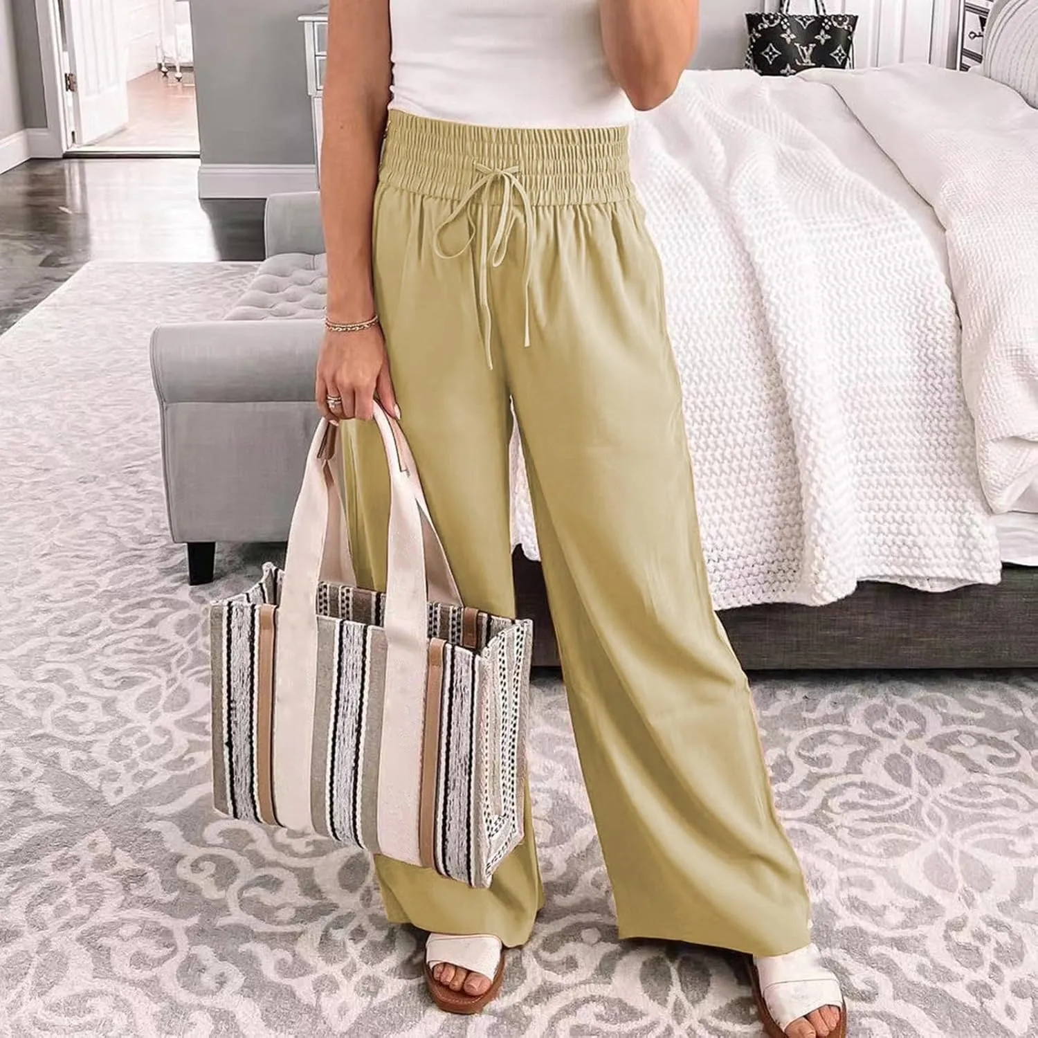 Womens Casual High Waisted Pants Drawstring Elastic Smocked Waist Straight Leg Loose Lounge Trousers Summer Hiking Sweatpants