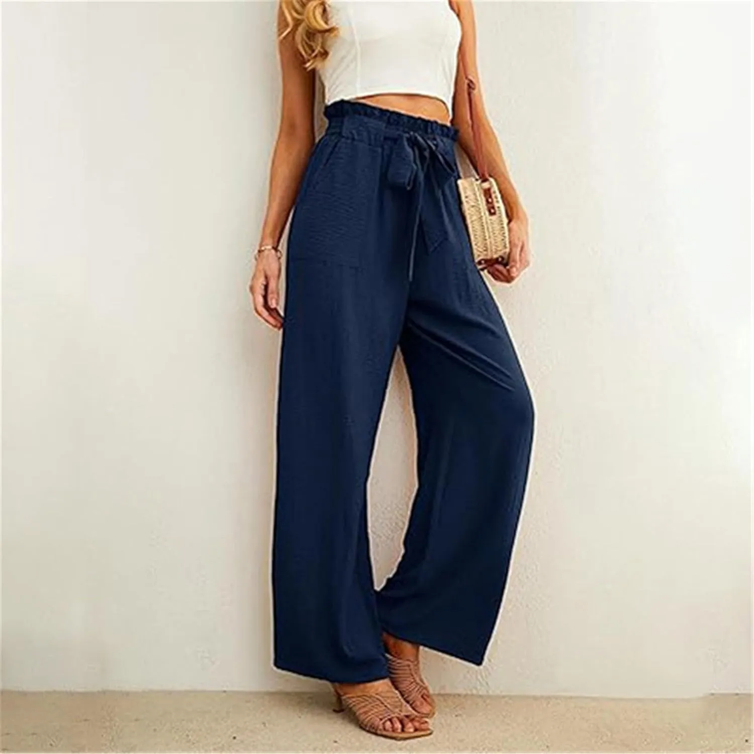 Women's Casual Wide Leg Pants Tie Drawstring Elastic High Waisted Straight Leg Trousers Solid Color Loose Pants with Pockets