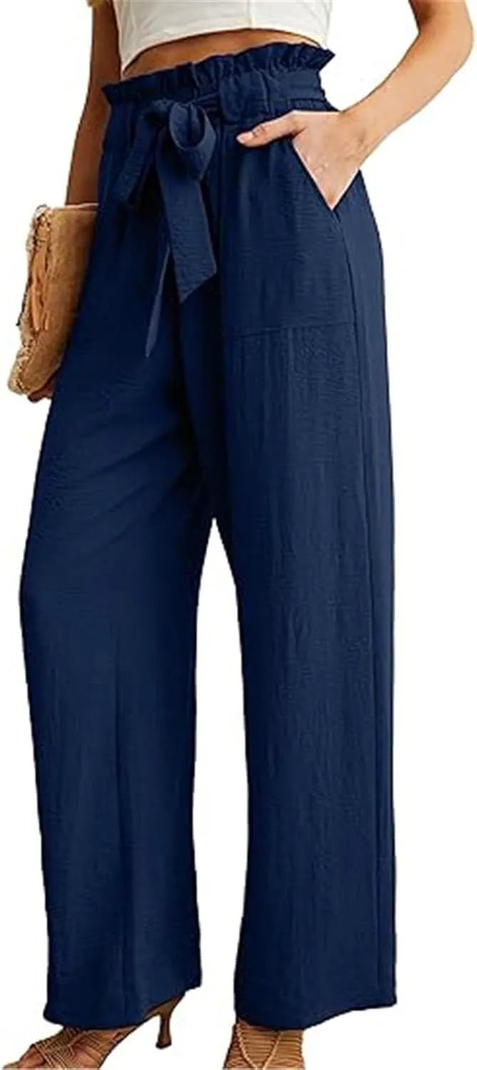 Women's Casual Wide Leg Pants Tie Drawstring Elastic High Waisted Straight Leg Trousers Solid Color Loose Pants with Pockets