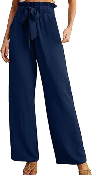 Women's Casual Wide Leg Pants Tie Drawstring Elastic High Waisted Straight Leg Trousers Solid Color Loose Pants with Pockets