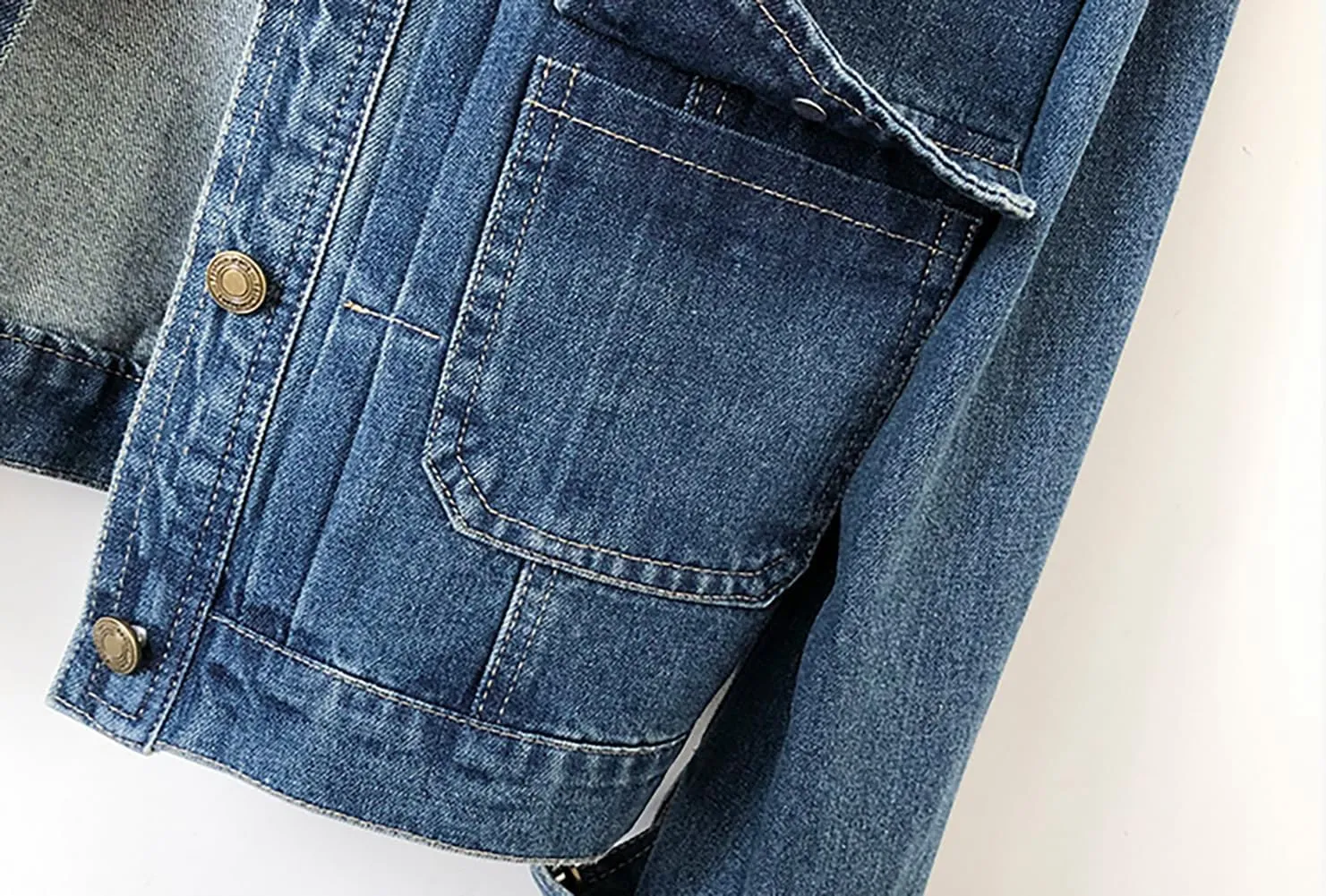 Women’s Collarless Long Sleeve Denim Jacket Round Neck Button Down Jean Jackets