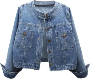 Women’s Collarless Long Sleeve Denim Jacket Round Neck Button Down Jean Jackets