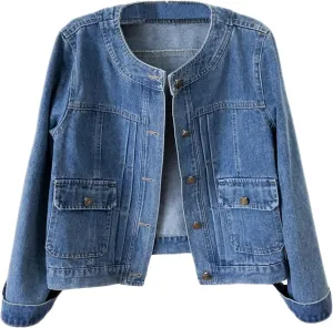 Women’s Collarless Long Sleeve Denim Jacket Round Neck Button Down Jean Jackets
