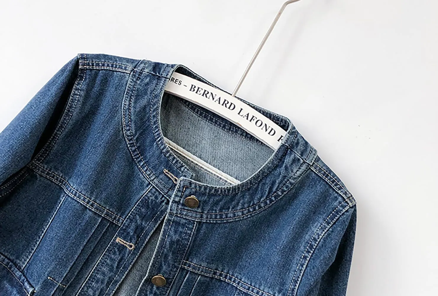 Women’s Collarless Long Sleeve Denim Jacket Round Neck Button Down Jean Jackets