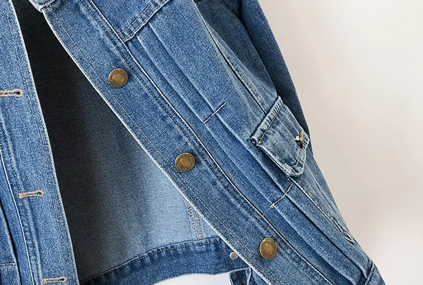 Women’s Collarless Long Sleeve Denim Jacket Round Neck Button Down Jean Jackets