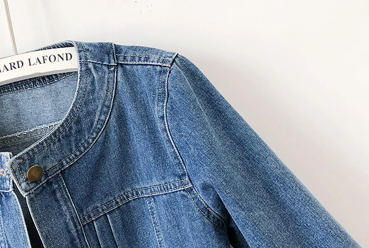 Women’s Collarless Long Sleeve Denim Jacket Round Neck Button Down Jean Jackets