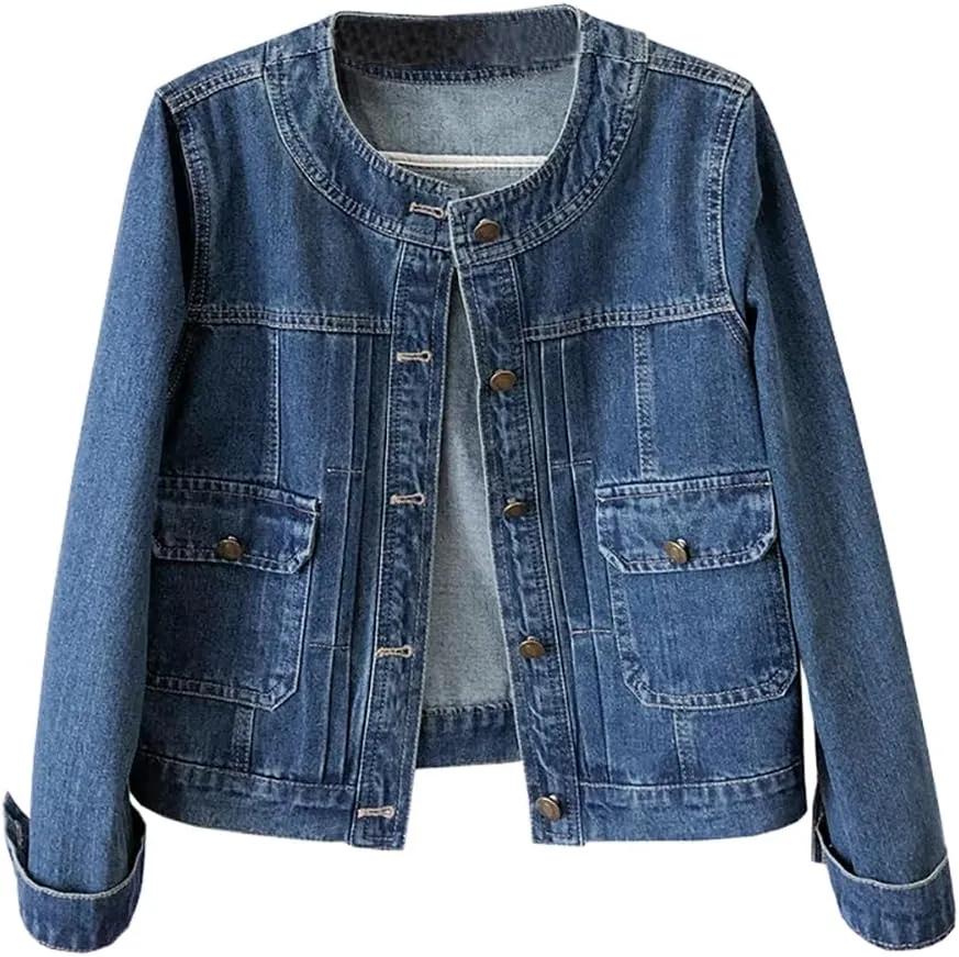 Women’s Collarless Long Sleeve Denim Jacket Round Neck Button Down Jean Jackets