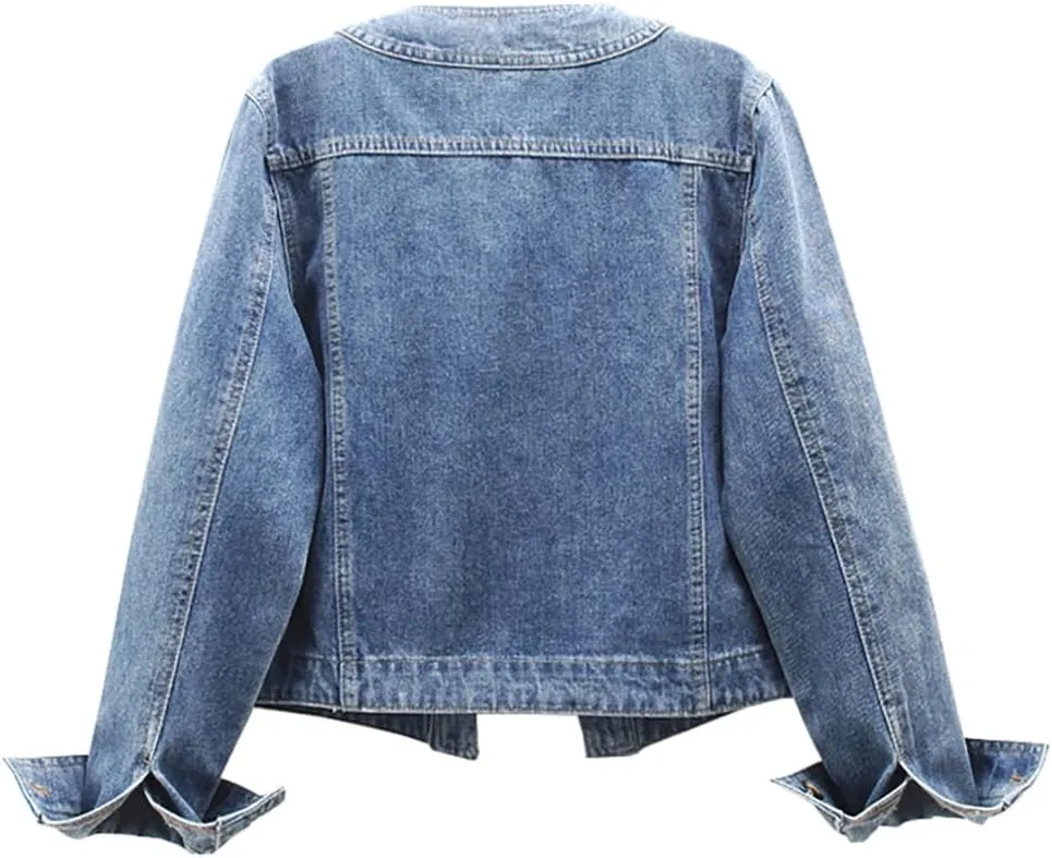 Women’s Collarless Long Sleeve Denim Jacket Round Neck Button Down Jean Jackets
