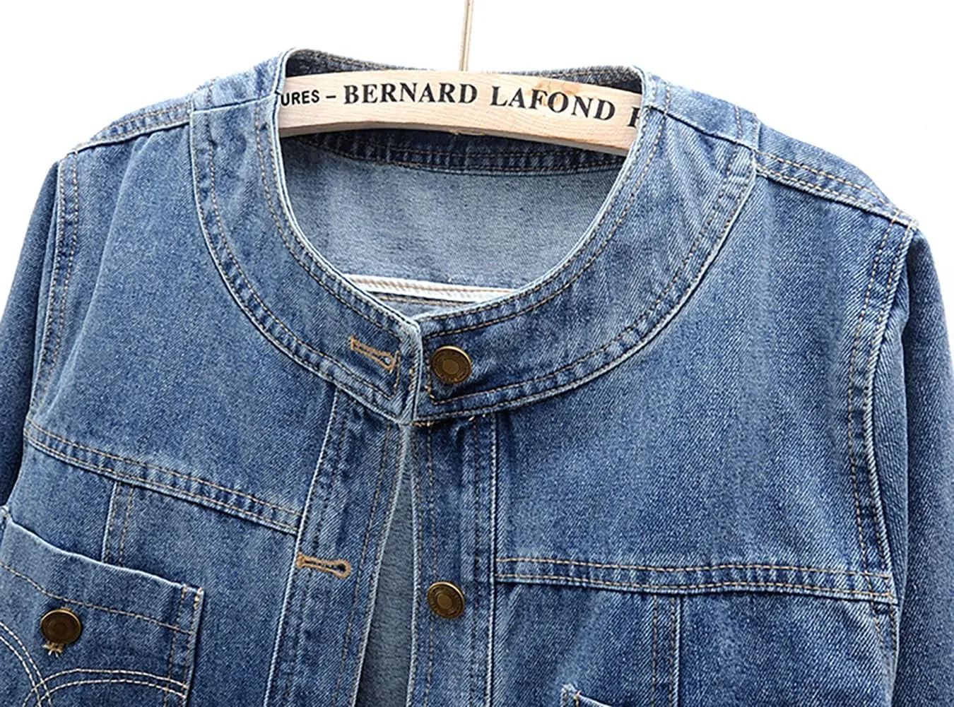 Women’s Collarless Long Sleeve Denim Jacket Round Neck Button Down Jean Jackets