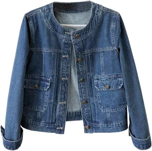 Women’s Collarless Long Sleeve Denim Jacket Round Neck Button Down Jean Jackets