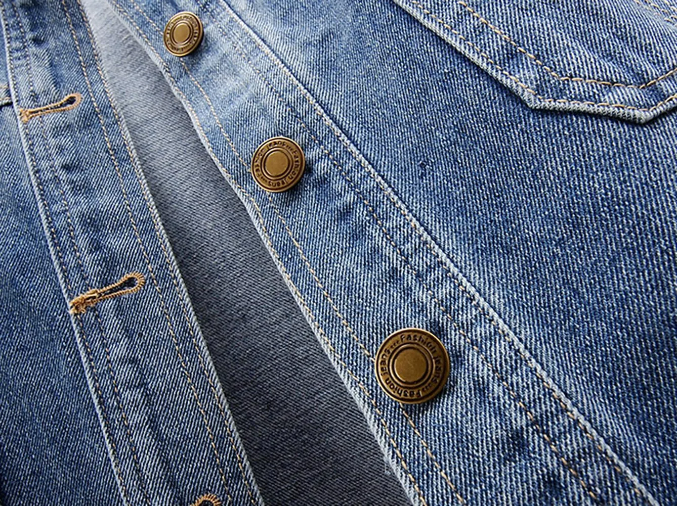 Women’s Collarless Long Sleeve Denim Jacket Round Neck Button Down Jean Jackets
