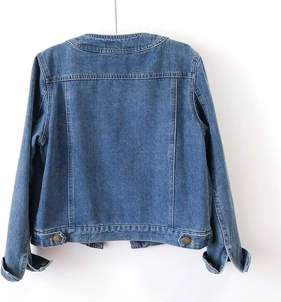 Women’s Collarless Long Sleeve Denim Jacket Round Neck Button Down Jean Jackets