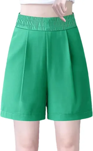 Womens Cotton Linen Shorts Casual Solid Wide Leg Shorts Comfy Elastic High Waisted Shorts Summer Beach Shorts