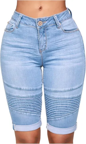 Womens Cut Off Denim Shorts Knee Length Jean Shorts Frayed Distressed Jean Shorts Mid Rise Shorts Comfy Stretchy