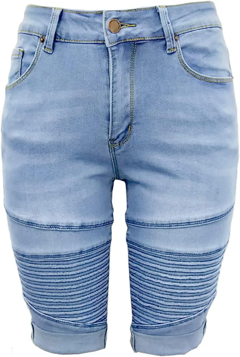 Womens Cut Off Denim Shorts Knee Length Jean Shorts Frayed Distressed Jean Shorts Mid Rise Shorts Comfy Stretchy