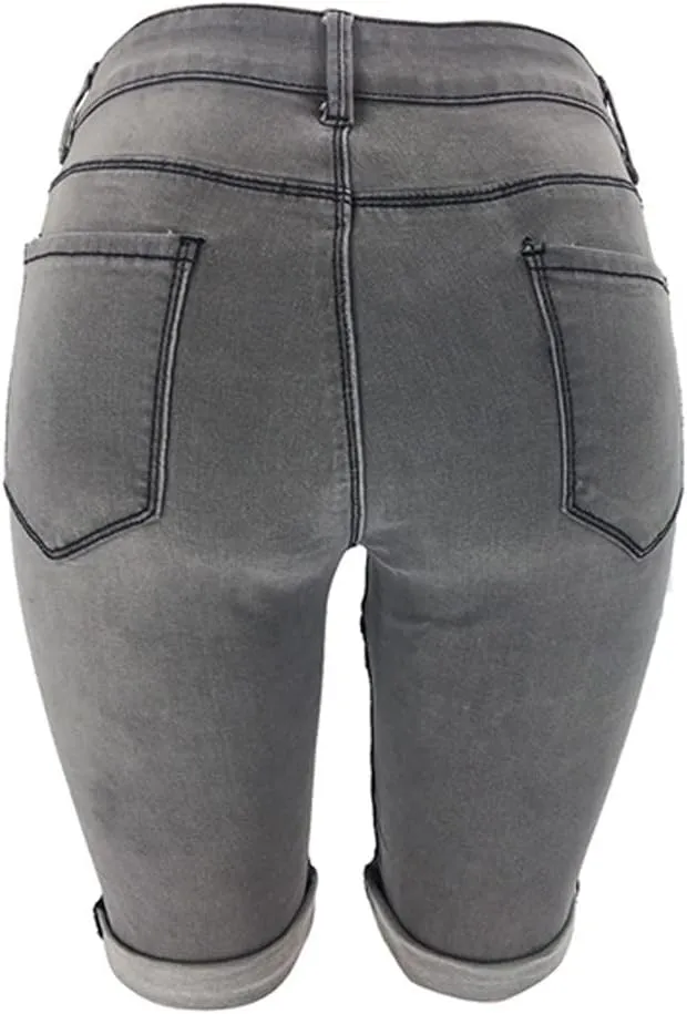 Womens Cut Off Denim Shorts Knee Length Jean Shorts Frayed Distressed Jean Shorts Mid Rise Shorts Comfy Stretchy