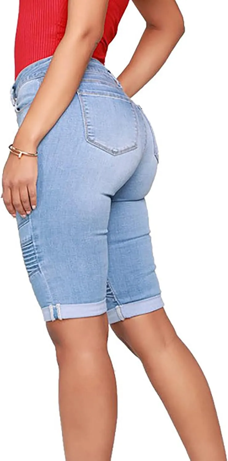 Womens Cut Off Denim Shorts Knee Length Jean Shorts Frayed Distressed Jean Shorts Mid Rise Shorts Comfy Stretchy