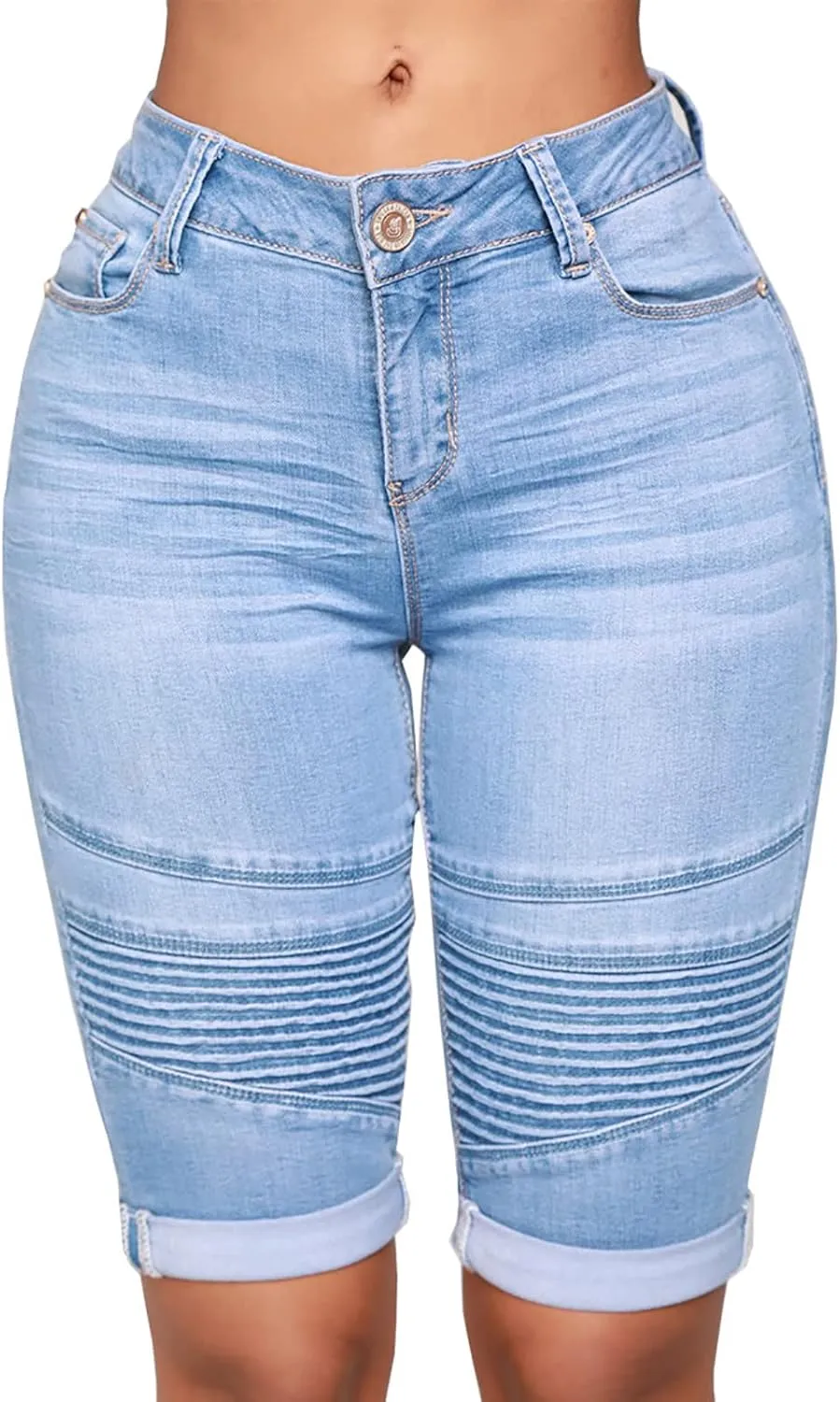 Womens Cut Off Denim Shorts Knee Length Jean Shorts Frayed Distressed Jean Shorts Mid Rise Shorts Comfy Stretchy
